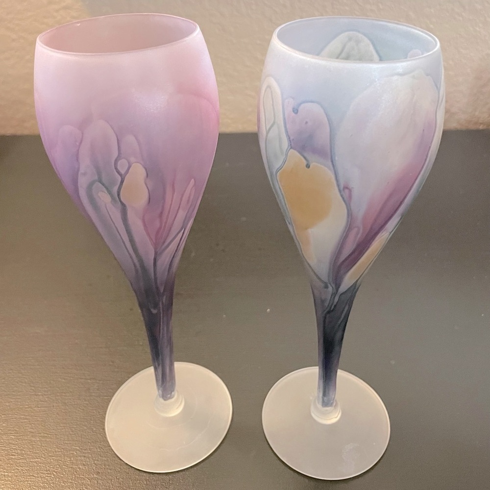 Vintage wine nouveau glasses blue & purple in color.
